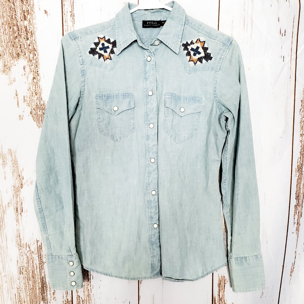 Aztec beaded chambray button down